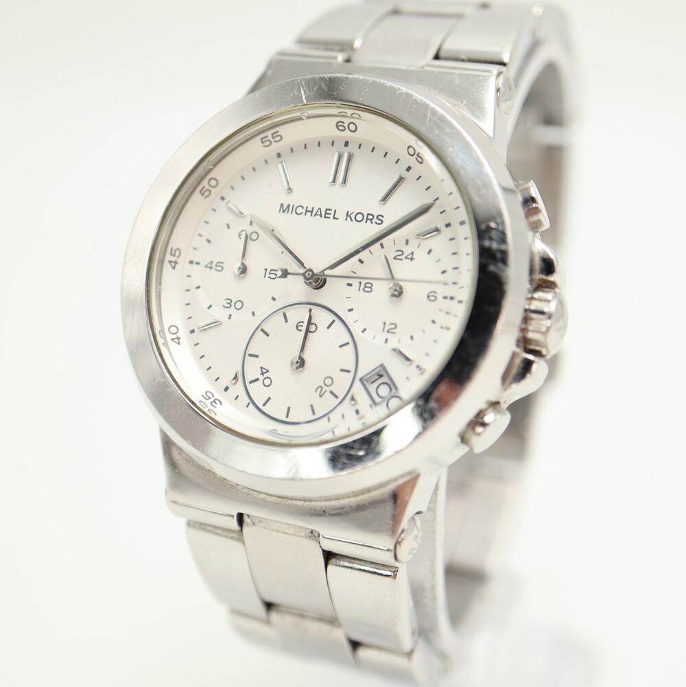 Michael Kors Silver Tone 38mm Chronograph Watch Date Steel MK5221 w New Battery